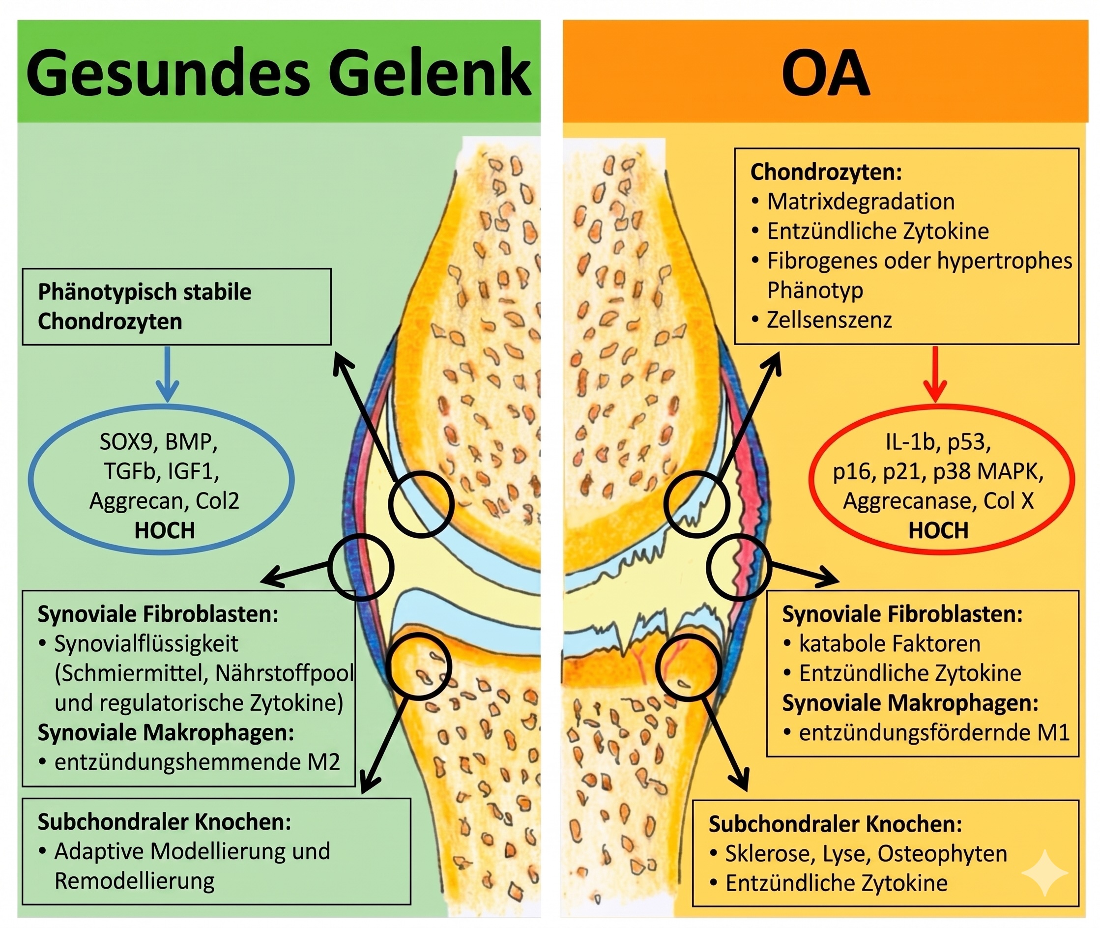 Eigenschaften der verschiedenen Gelenkzellen und -gewebe im gesunden Gelenk und bei Arthrose