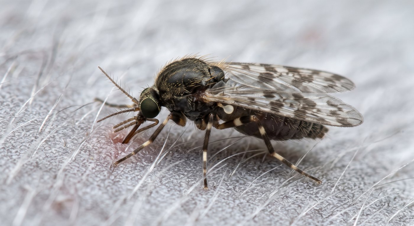 Nahaufnahme einer Gnitze (Culicoides) mit gefleckten Flügeln, die auf behaarter Haut Blut saugt