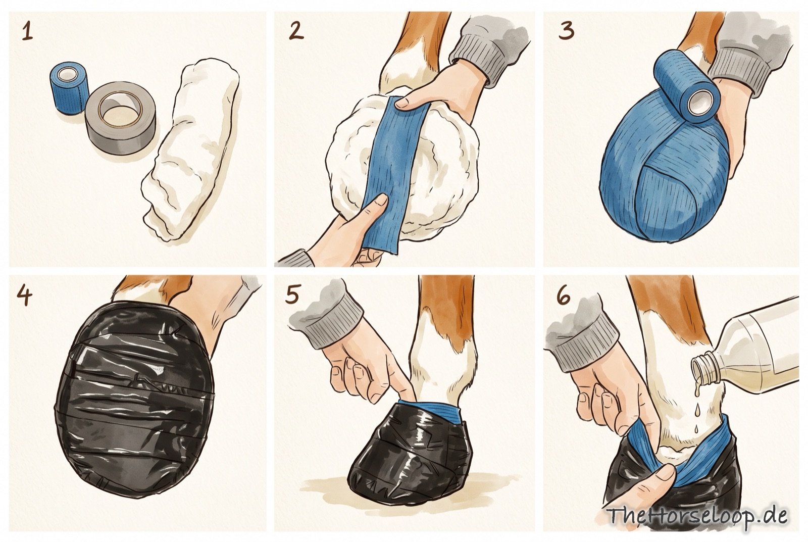 Illustration in sechs Bildern: Material (selbsthaftende Bandage, Klebeband, saugfähiges Polster), Polster um den Huf, Bandage, Klebeband-Lauffläche, fertiger Verband, Einfüllen des Angusses von oben