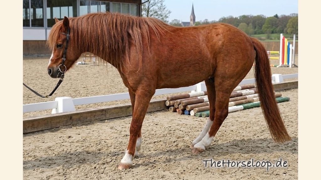 Fuchs auf dem Reitplatz in Entlastungshaltung: ein Vorderbein weit vorgestellt, die Hinterbeine unter den Körper geschoben