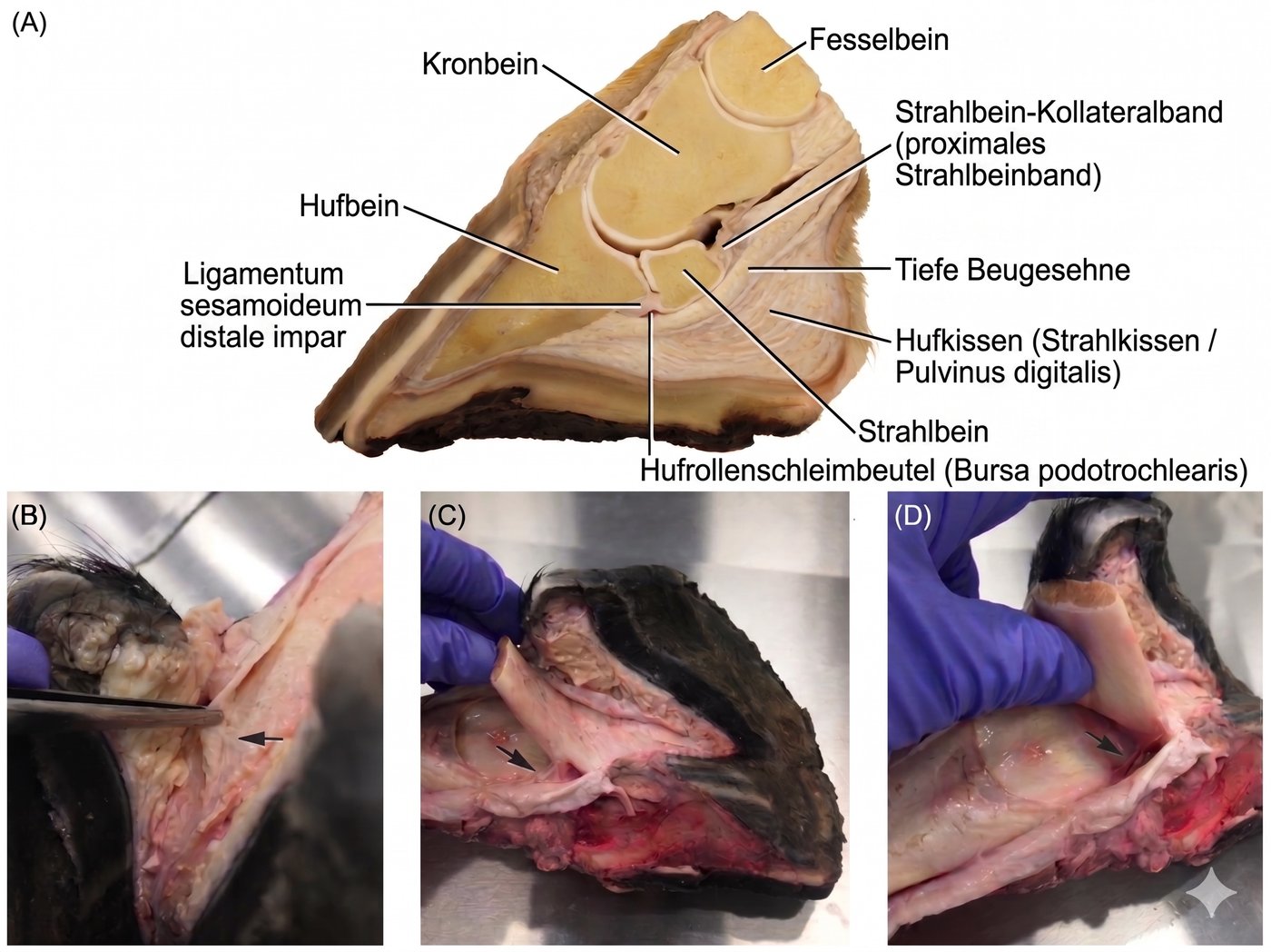 Anatomischer Längsschnitt durch den distalen Pferdehuf mit Strahlbein, Hufrollenschleimbeutel und umliegenden Strukturen
