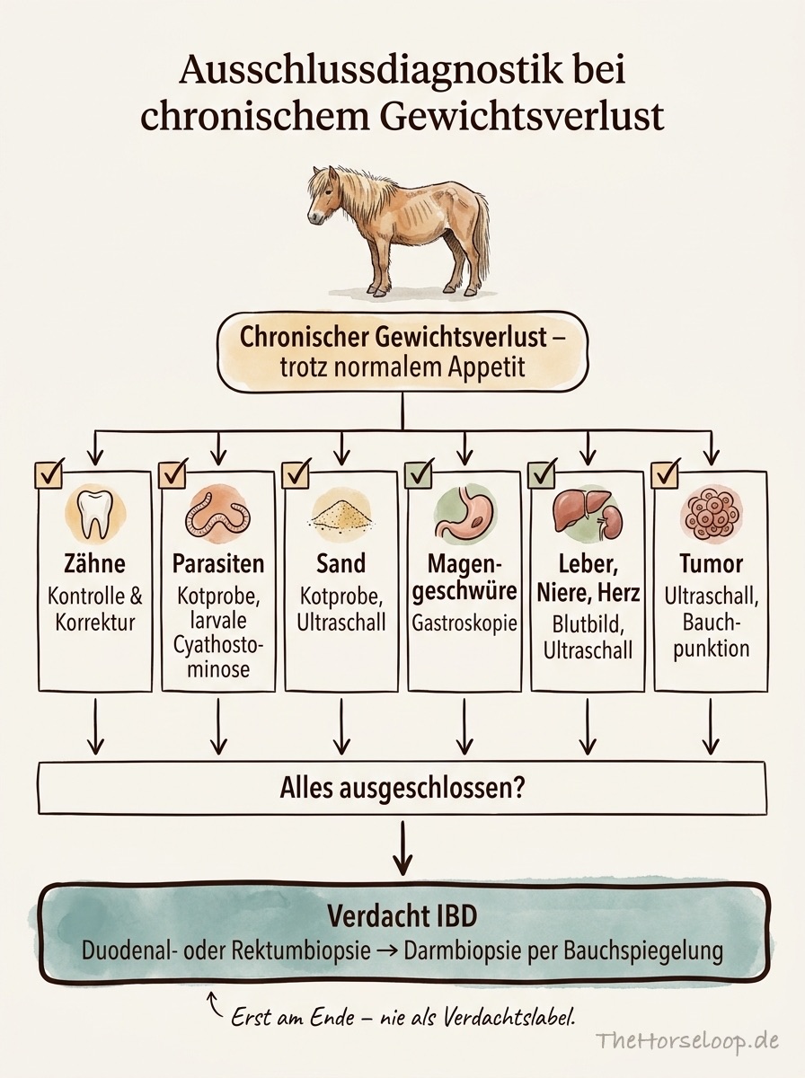 Ausschlussdiagnostik bei chronischem Gewichtsverlust: Zähne, Parasiten, Sand, Magengeschwüre, Leber, Niere und Herz sowie Tumoren werden abgeklärt, bevor der Verdacht IBD über Duodenal- oder Rektumbiopsie und Darmbiopsie per Bauchspiegelung gesichert wird.