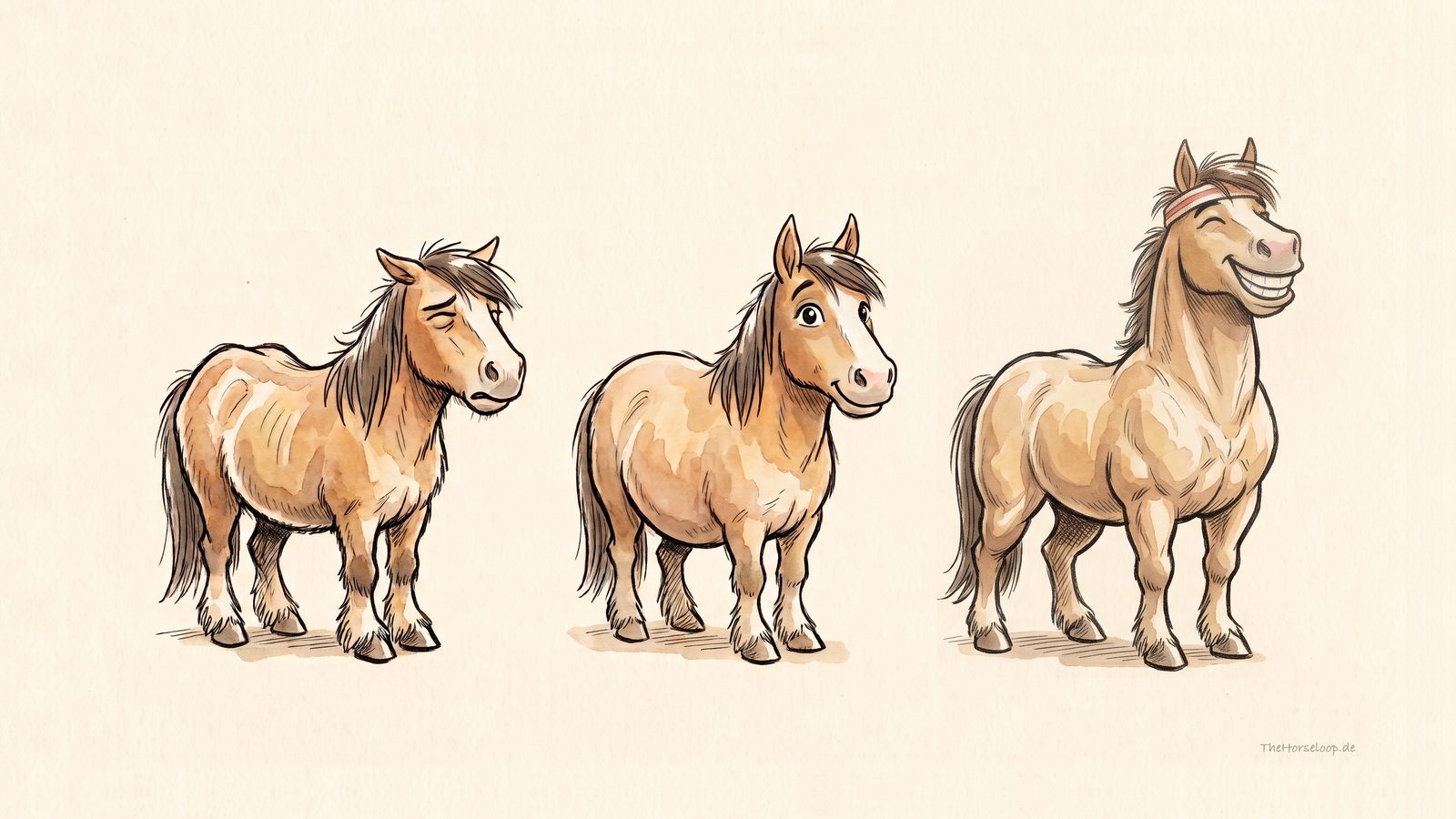 Illustration: Drei Ponys nebeneinander – links mit eingefallenem Rücken und wenig Muskulatur, in der Mitte rund, aber untrainiert, rechts mit kräftiger Oberlinie, Hals- und Hinterhandmuskulatur.