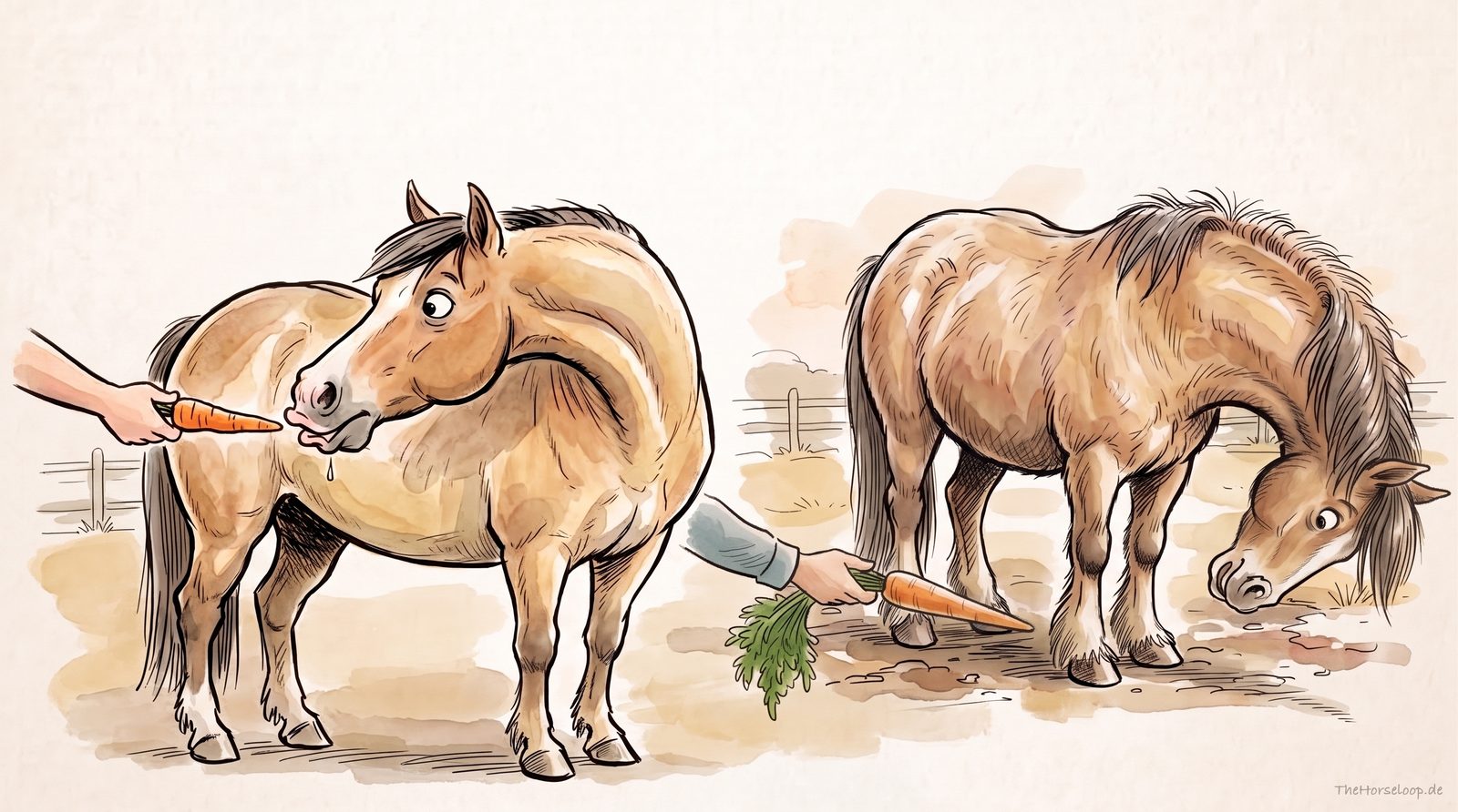 Karottendehnungen: Das Pony folgt der Möhre seitlich zur Flanke (links) und tief nach unten zu den Vorderbeinen (rechts) – langsam, kurz halten, ohne Ausweichen.