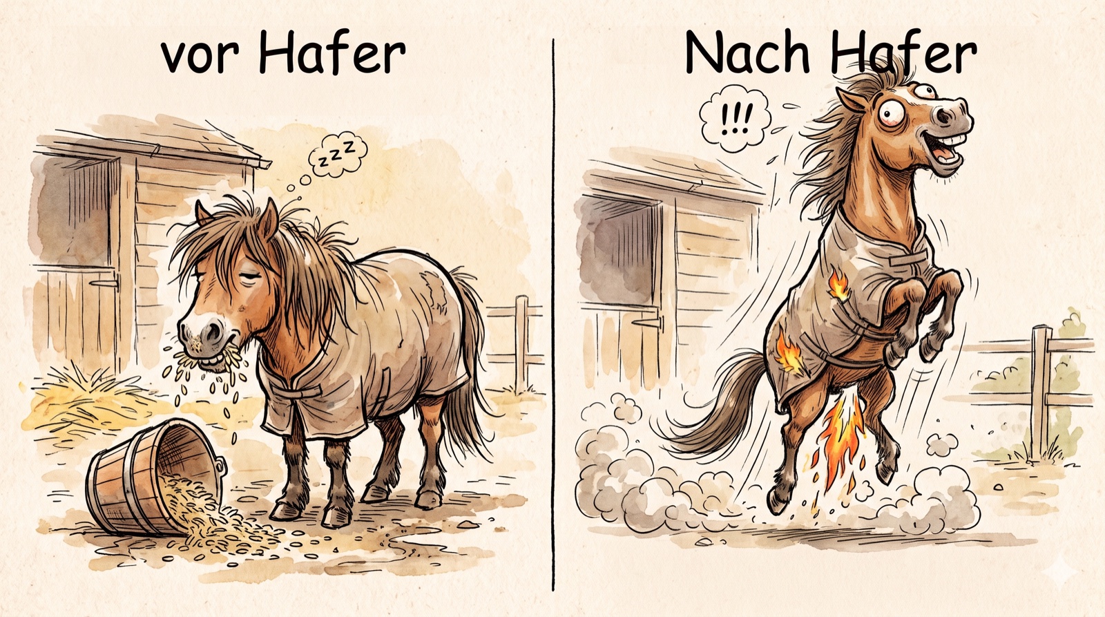 Cartoon vor Hafer / nach Hafer – links ein schläfriges Pony am ausgekippten Hafereimer, rechts dasselbe Pony wild bockend mit Comic-Flammen.