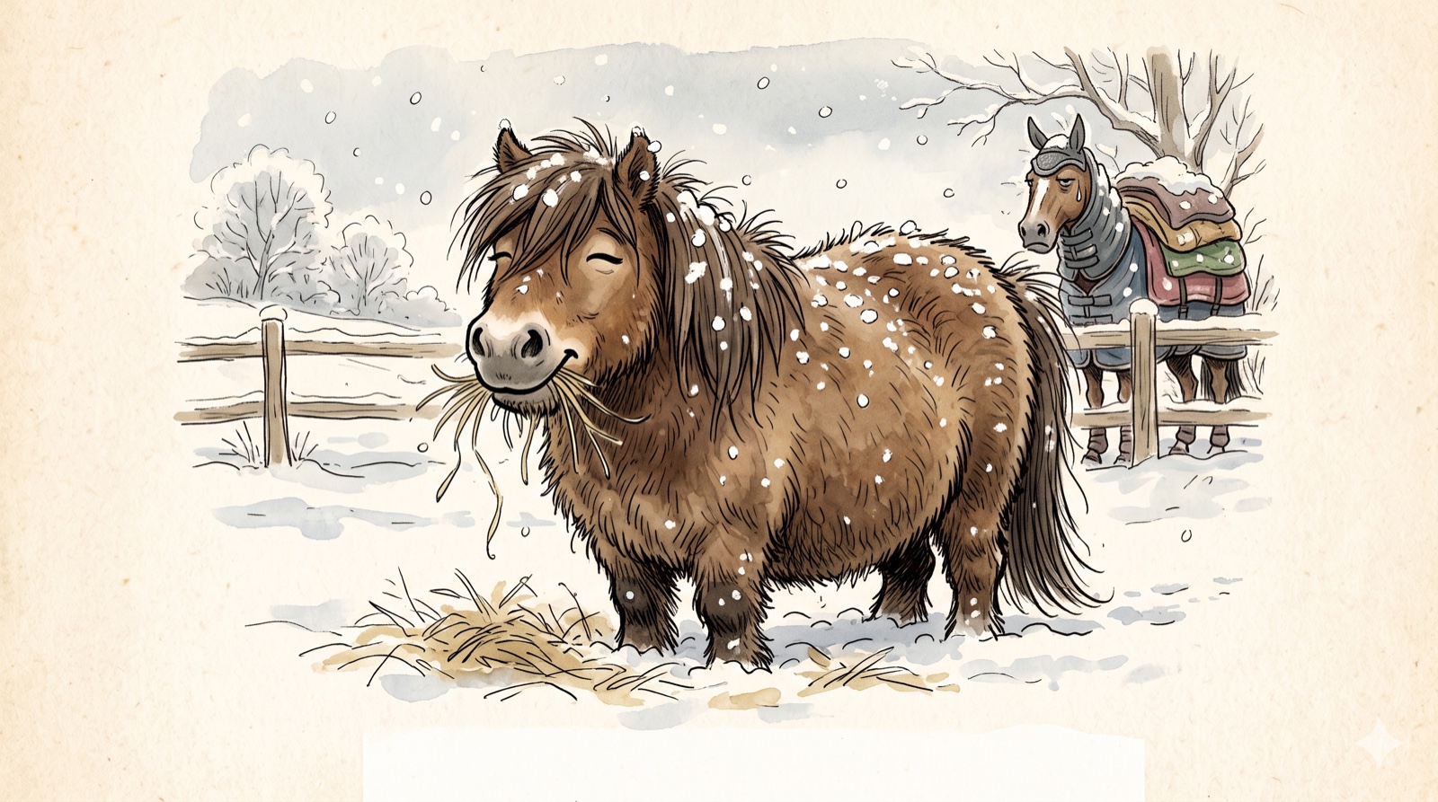 Illustration: ein zufriedenes, dick befelltes Pony frisst Heu im Schneetreiben, im Hintergrund ein eingedecktes Pferd.