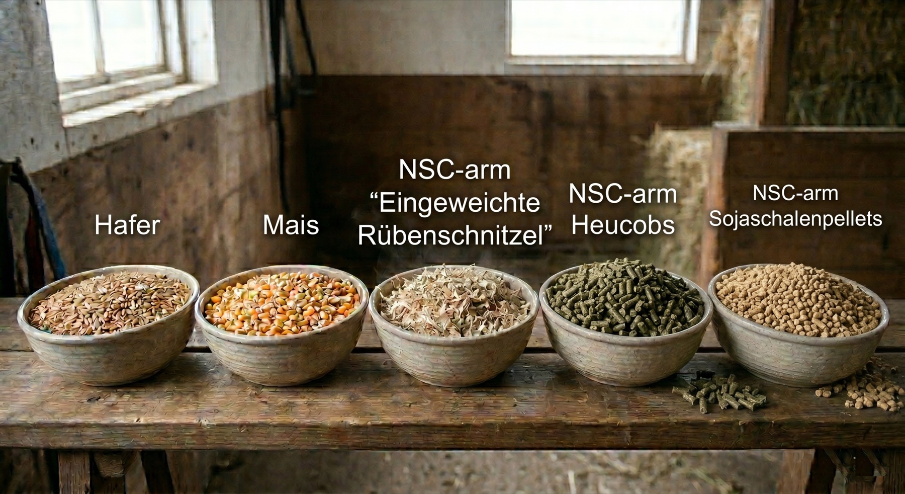 Fünf Futterschalen nebeneinander – Hafer und Mais neben den NSC-armen Alternativen eingeweichte Rübenschnitzel, Heucobs und Sojaschalen-Pellets