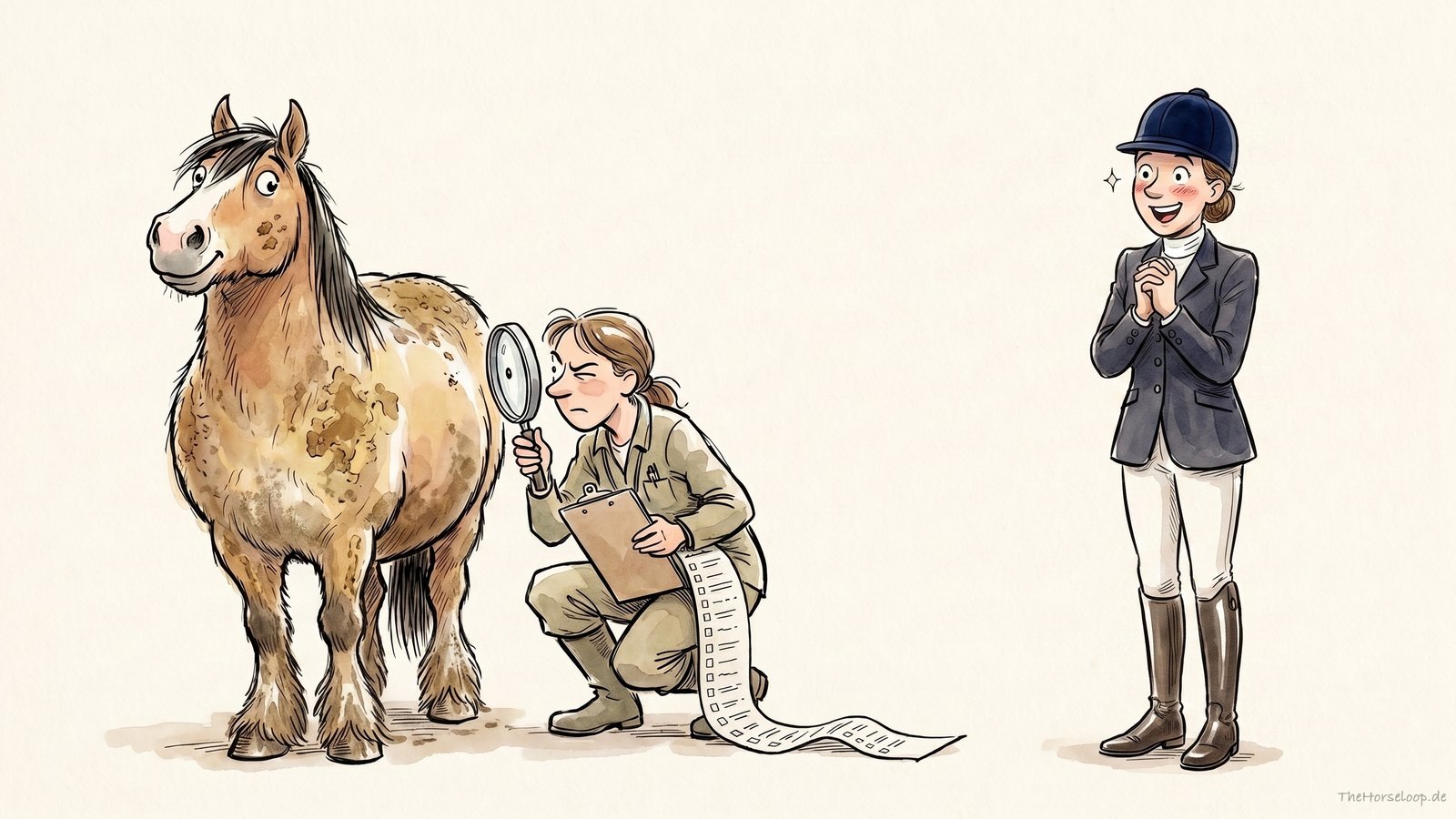 Illustration: Tierärztin untersucht bei der Ankaufsuntersuchung ein Pony mit Lupe und langer Checkliste, während die Käuferin gespannt danebensteht