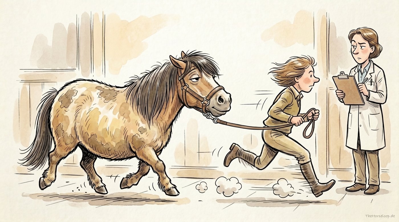 Illustration: Ein Pony wird an der Hand vor einer Tierärztin mit Klemmbrett vorgetrabt
