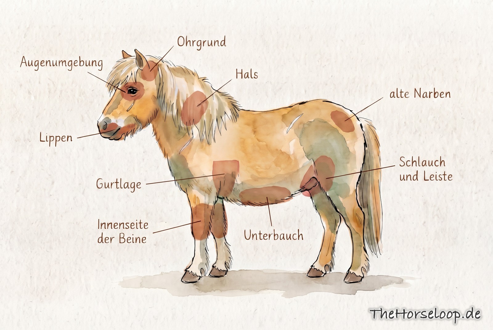 Illustration eines Ponys in Seitenansicht mit markierten typischen Sarkoid-Stellen: Augenumgebung, Ohrgrund, Lippen, Hals, Gurtlage, Unterbauch, Schlauch und Leiste, Innenseite der Beine, alte Narben.