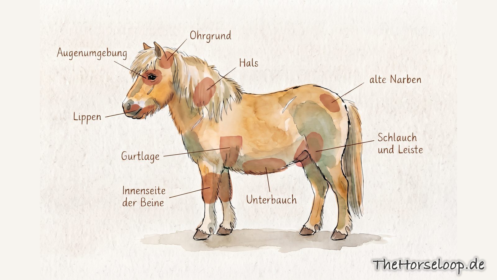 Aquarell-Illustration eines Ponys in Seitenansicht mit markierten typischen Sarkoid-Stellen: Augenumgebung, Ohrgrund, Lippen, Hals, Gurtlage, Unterbauch, Schlauch und Leiste, Innenseite der Beine, alte Narben