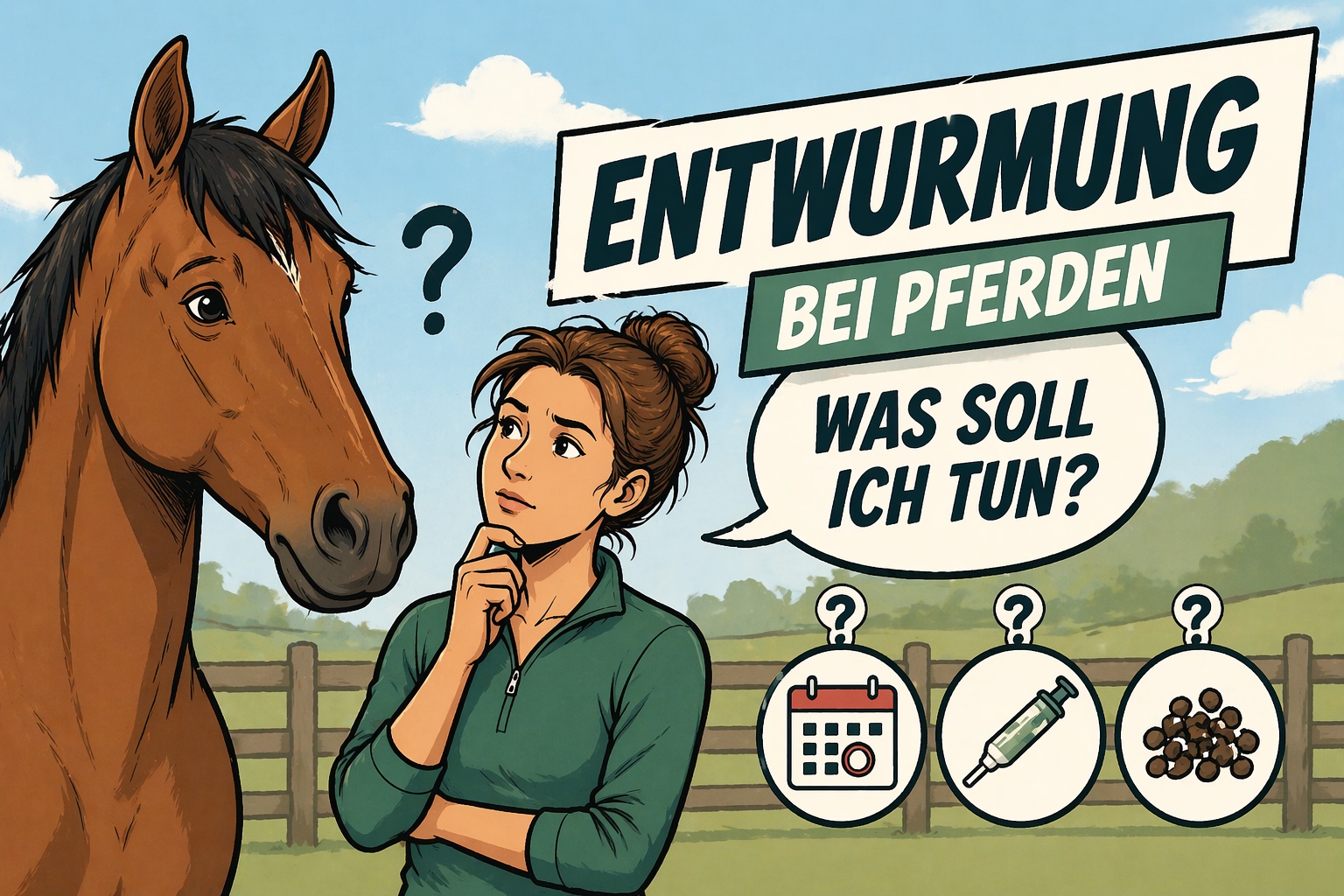 Illustration: nachdenkliche Pferdebesitzerin neben ihrem Pferd, Sprechblase „Entwurmung bei Pferden – was soll ich tun?“, daneben Symbole für Kalender, Spritze und Wurmkur-Pellets