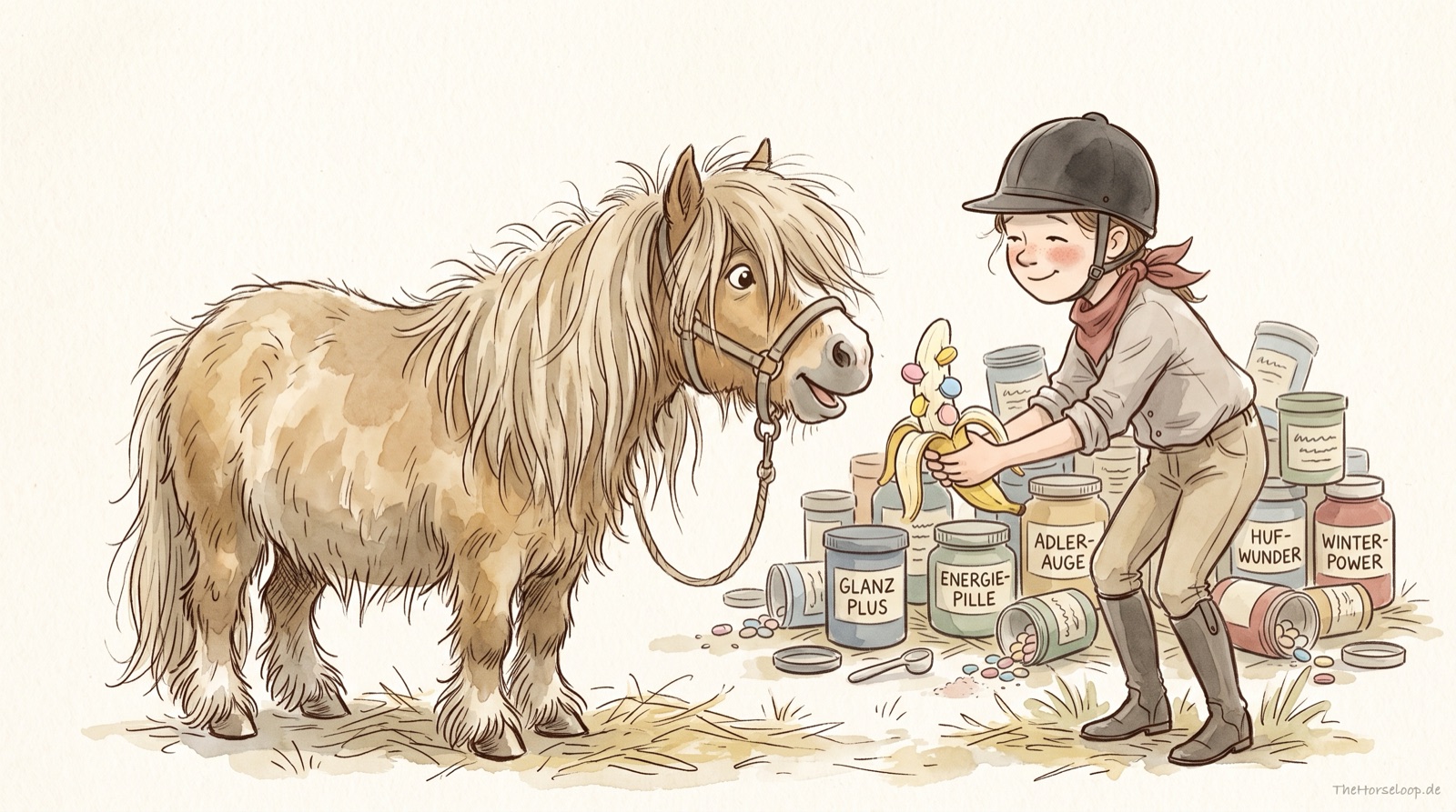 Aquarell-Illustration: Ein Mädchen reicht einem zotteligen Pony eine Banane mit bunten Pillen, hinter ihr ein Berg Supplement-Dosen mit Aufschriften wie Glanz Plus, Energie-Pille und Winter-Power